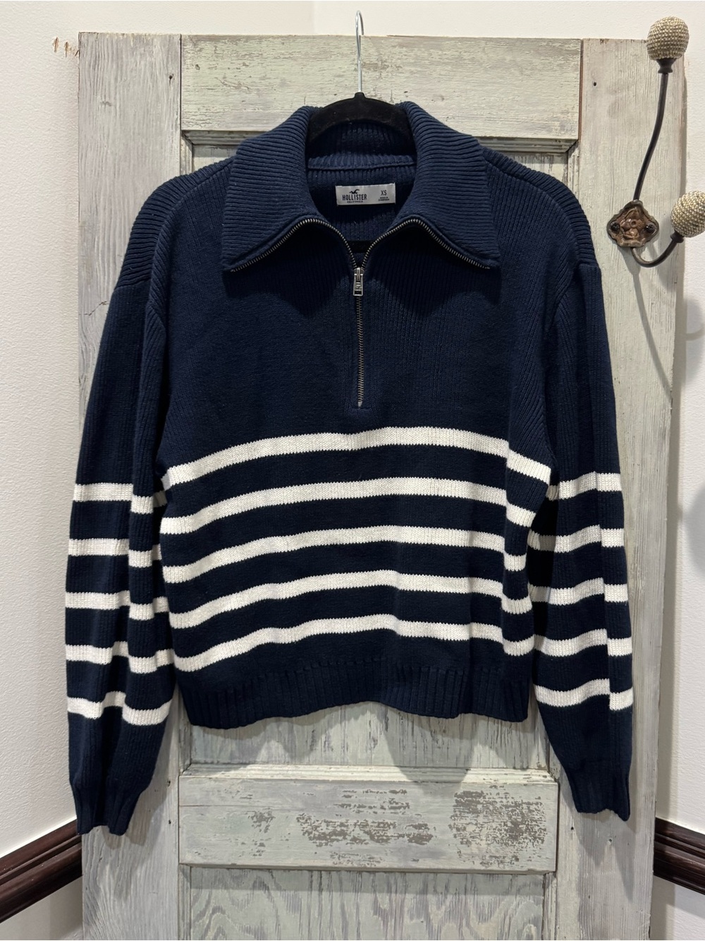 Hollister Navy & White Striped Half-Zip Pullover Sweater XS Oversized